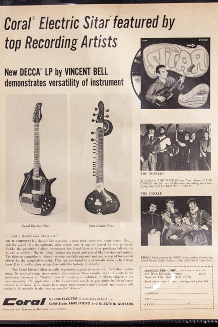  Coral Vincent Bell Sitar Semi-Hollow Body Electric Guitar, made by Danelectro  (1968)